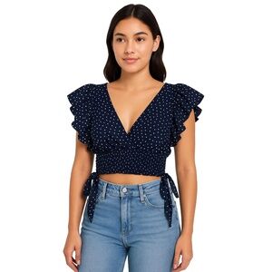 Navy Polka Dot Ruffled Sleeve Crop Top Womens‎ Medium